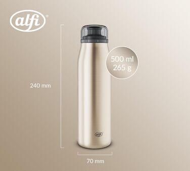 Пляшка alfi ISO 500 мл, золоте шампанське, ізольована пляшка з нержавіючої сталі, абсолютно герметична кришка, що закручується, зберігає напої гарячими 12 годин, холодними 24 години, підходить для газованих напоїв, без BPA, 500 мл золоте шампанське