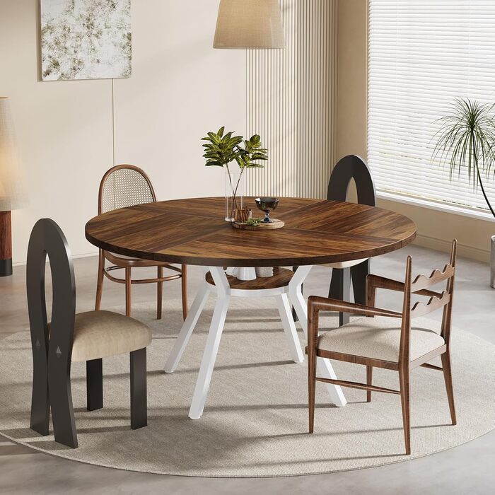 Круглий обідній стіл Tribesigns для 4 осіб, круглий обідній стіл 120 см з металевою основою, кухонний стіл з полицею для зберігання для дому, їдальні, вітальні, білий (коричневий)