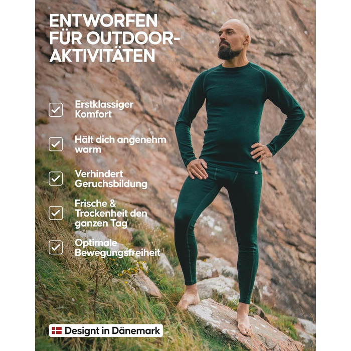 Термобілизна DANISH ENDURANCE з мериносової вовни для чоловіків, преміальна лижна білизна, комплект функціональної білизни, тепла та дихаюча, чоловіча мериносова білизна 3XL чорного кольору