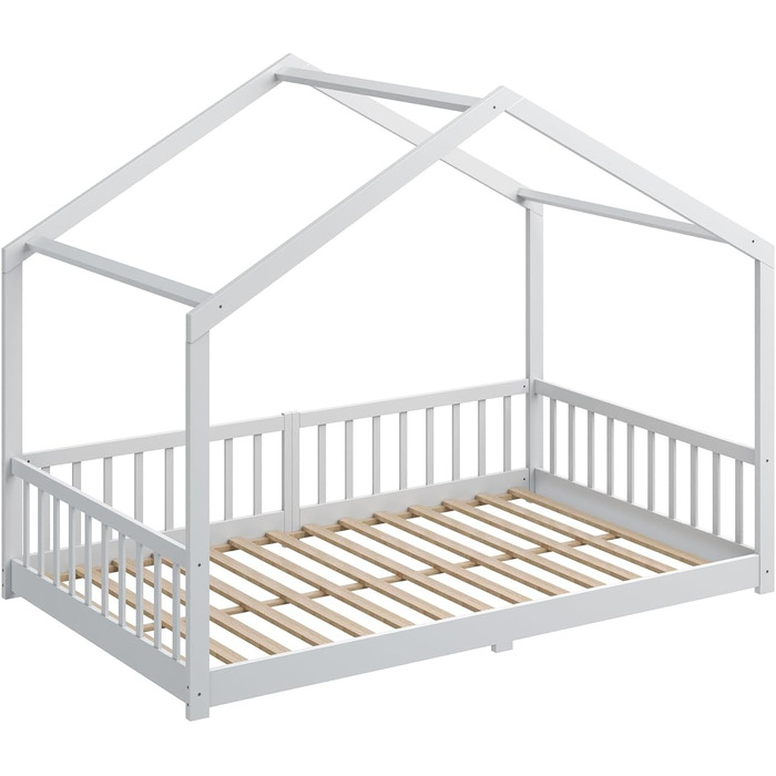 Дитяче ліжко CADANI Malte 120x200 см Ліжко-будиночок зі знімними захисними поручнями, вантажопідйомність до 200 кг, висувна рейкова основа, ліжко Монтессорі з масиву сосни, білий колір 120x200 см