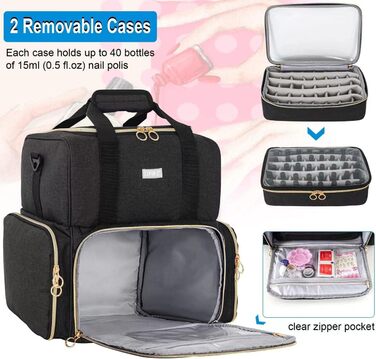 Мішечок для лаку для нігтів, двошаровий органайзер для зберігання лаку для нігтів на 80 флаконів (15 мл) та лампу для нігтів, великий футляр для косметики з відділеннями для зберігання, чорний