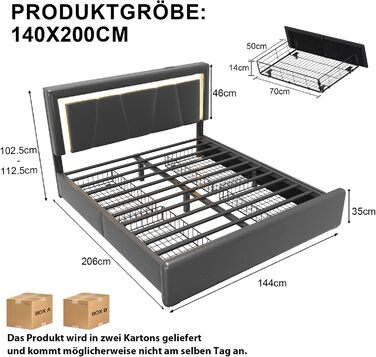 М&39яке ліжко 140 x 200 см з 4 шухлядами, світлодіодне освітлення, каркас ліжка 140 x 200 з регульованим узголів&39ям, зарядна станція, металева рейкова основа, легке складання, чорний колір 140 x 200 см