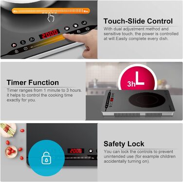 Портативна індукційна плита AMZCHEF потужністю 2000 Вт з тихим ходом, 9 рівнями потужності та температури, 4 автоматичними меню, ультратонким дизайном корпусу, захисним замком, таймером, сірим