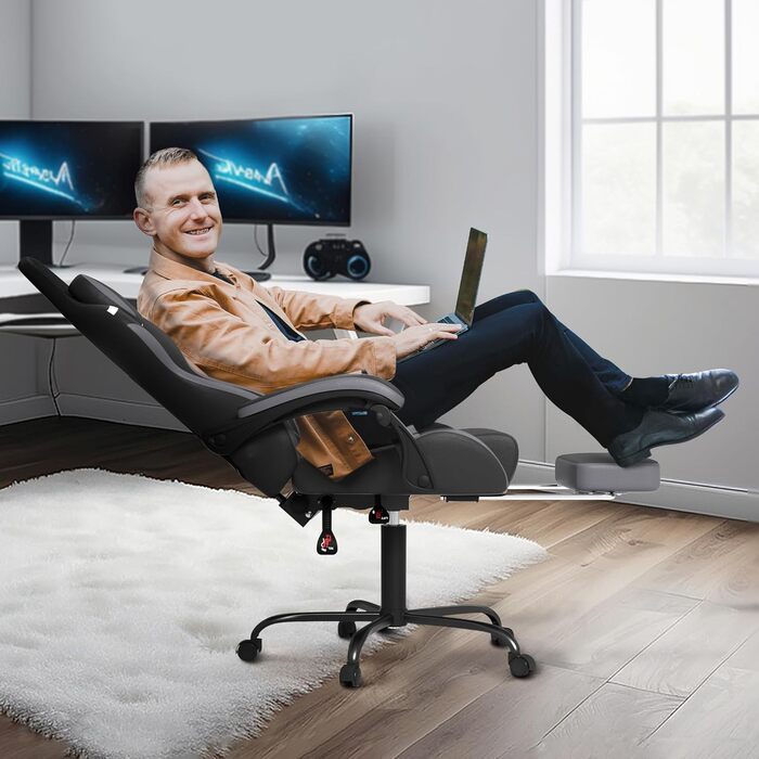 Ігрове крісло Froadp з масажем, підставкою для ніг та підголівником, ергономічне ігрове крісло з масажною поперековою подушкою, регульована спинка 90-135, шкіра штучна - чорний, сірий та білий