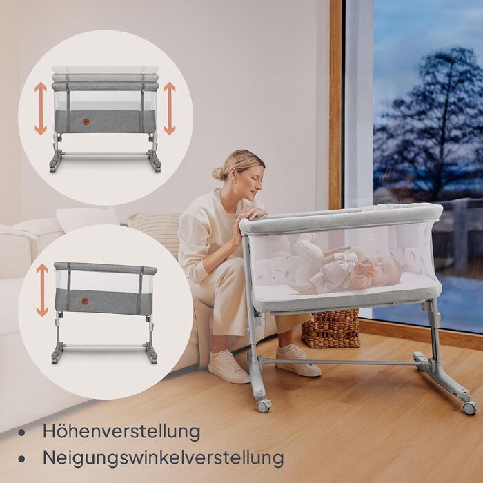 Дитяче ліжечко Lionelo Aurora 3-в-1 (до 9 кг), приліжкове ліжечко, колиска, регулювання висоти та нахилу матраца, 4 колеса з гальмами, ергономічний матрац, сумка для зберігання, сірий колір, великий розмір