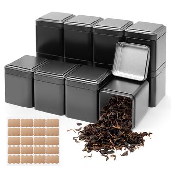 Класичних квадратних чайних банок 7 7 8,5 см для розсипного чаю, металеві чайні банки чорного кольору, включаючи 20 етикеток, для чаю, кавових зерен, спецій, 12