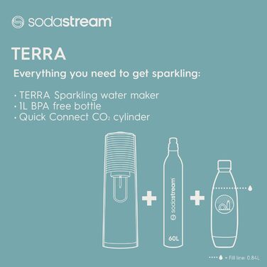 Нагрівач газованої води SodaStream Terra, з 1-літровою багаторазовою пляшкою для води без BPA для карбонізації та газовим балоном Quick Connect CO2 об'ємом 60 літрів - чорний