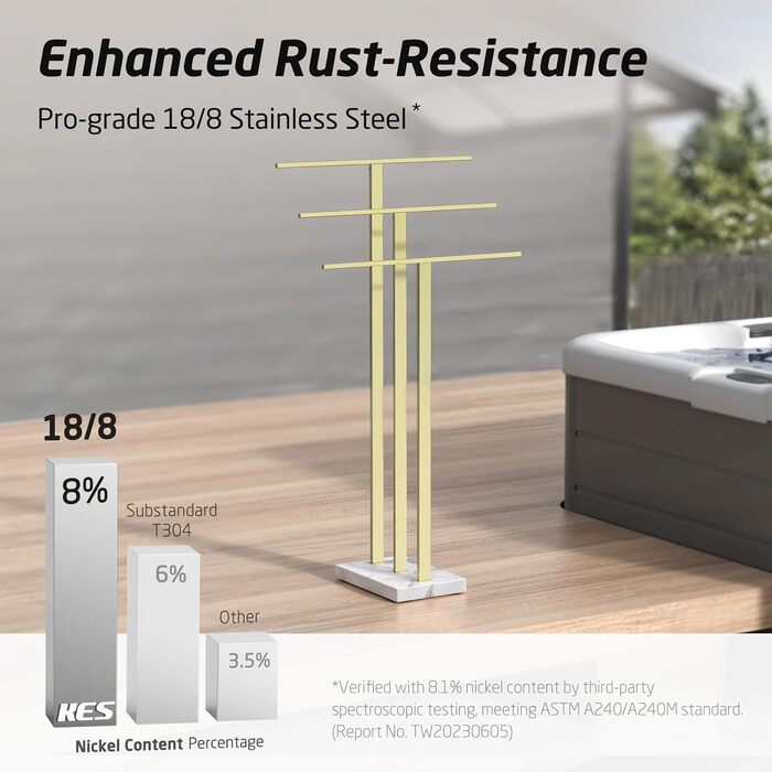 Вішалка для рушників KES, золотого кольору, тримач для рушників з 3 шт. ангами, окремостояча підставка для рушників, мармур та нержавіюча сталь 18/8, матове золото BTH217S3-BZ