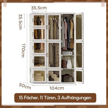 Складана шафа, 104x170x50 см, швидке складання, універсальна шафа з рейкою для одягу та магнітними дверцятами, ідеально підходить для спальні та вітальні, коричнева прозора панель дверей 104x50x170 см