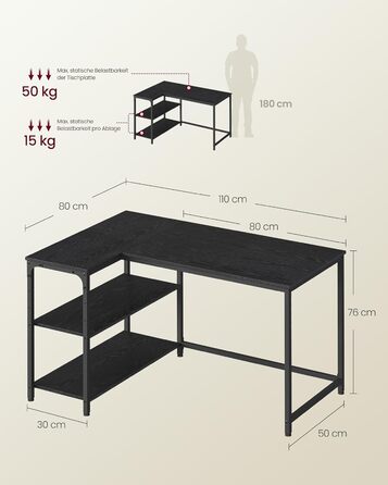 Г-подібний кутовий стіл, комп&39ютерний стіл з місцем для зберігання, офісний стіл, полиця з регульованою висотою, для домашнього офісу, 110 x 80 см, чорний колір ебенового дерева LWD135BE01 Чорний колір ебенового дерева 110 x 80 см Без подовжувача