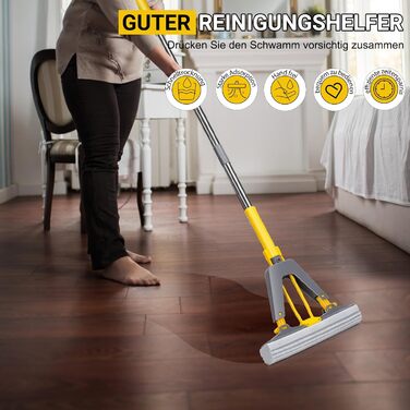 Губчаста швабра MASTERTOP, 130 см, для підлоги з 3 високопоглинаючими губками з ПВА, поглинаюча губчаста швабра з функцією віджиму