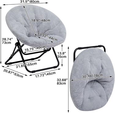 Розкладне крісло HollyHOME, кругле розкладне крісло, крісло-підголовник для вітальні, кругле крісло для відпочинку, крісло-місяць, крісло для відпочинку, затишне крісло для читання, спальня, плюшеве, сіре