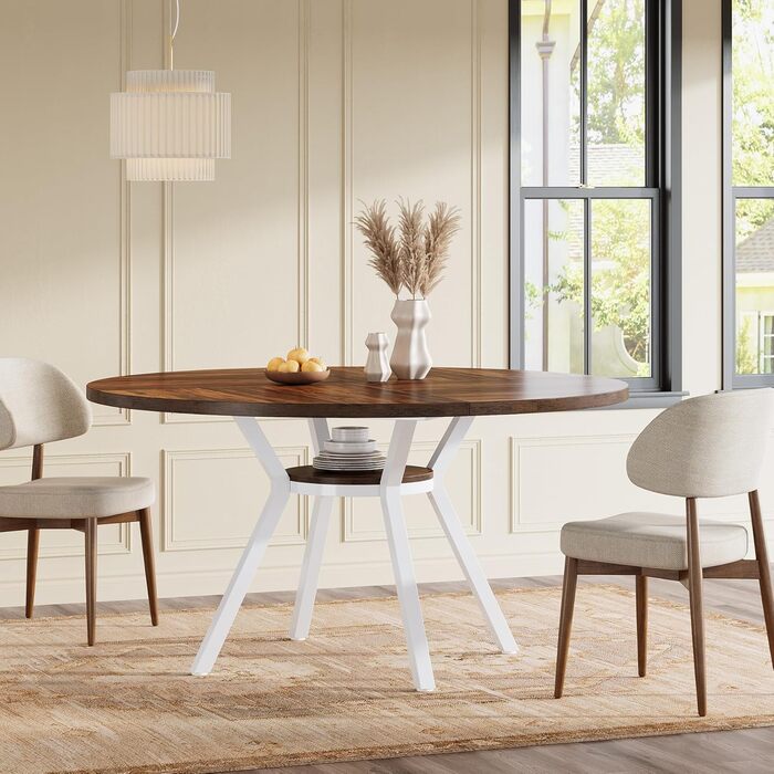 Круглий обідній стіл Tribesigns для 4 осіб, круглий обідній стіл 120 см з металевою основою, кухонний стіл з полицею для зберігання для дому, їдальні, вітальні, білий (коричневий)