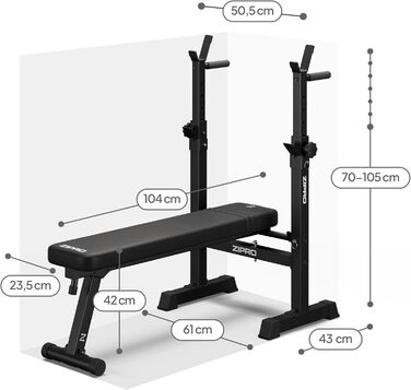 Лава для жиму штанги ZIPRO Core Складана лава з регульованими стійками для штанги та ручками для віджимань Фітнес-лава, вантажопідйомність 230 кг, регулювання висоти в 7 положеннях, силова станція без штанги
