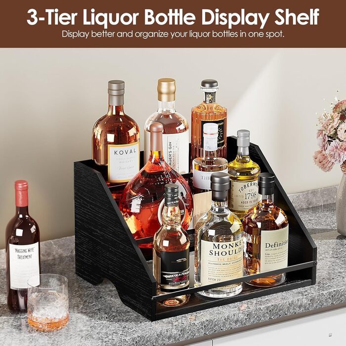 Стійка для пляшок з алкоголем Nuovoware, барна стійка для пляшок з алкоголем, 3-рівнева шафа для алкоголю, винна стійка, барна шафа на 12 пляшок, міні-бар, домашній ретро для алкоголю, винні стійки на стільницю, барна вітрина, вугільно-чорний, 3-рівнева в