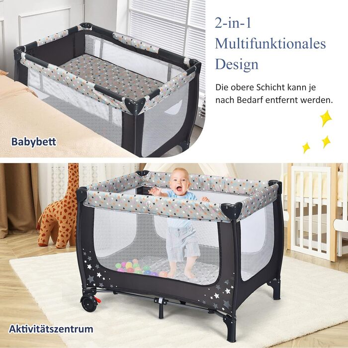 Дитяче ліжечко DREAMADE 2-в-1, складне приліжкове ліжечко 125 x 65 см, дорожнє ліжечко з колесами та гальмом, дитячий манеж-ліжечко для малюків від народження до 36 місяців (сірий)