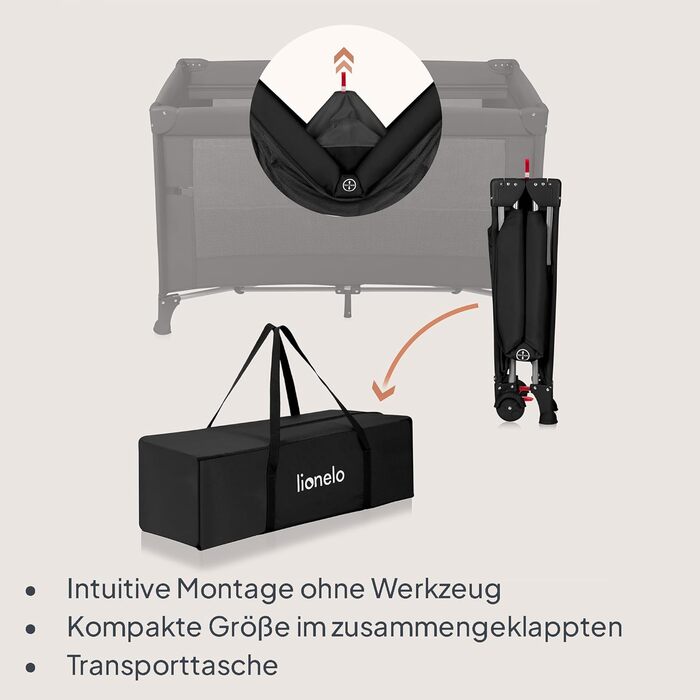 Дорожнє ліжечко Lionelo Ellen 3-в-1 для дітей від 0 до 3 років, приліжкове ліжечко для новонароджених та дітей старшого віку до 15 кг, 2 рівні висоти матраца, ремені кріплення, бічна блискавка, 2 колеса, сумка, чорний колір