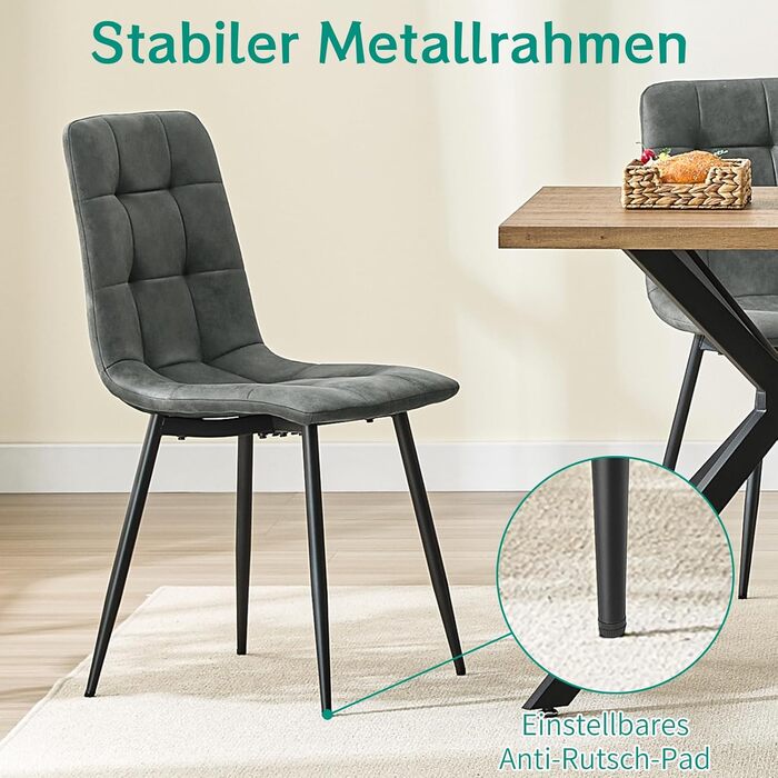 Обідні стільці LEWE, Комплект із 6 шт., М&39які стільці, Стільці для їдальні, Стілець з м&39якою тканиною Technology, Кухонний стілець, Стілець для вітальні, Дизайнерський стілець зі спинкою та металевими ніжками, 6 темно-сірих