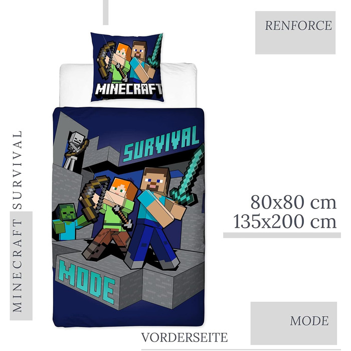 Постільна білизна 135x200 дитяча - Двосторонній комплект постільної білизни з персонажами Minecraft - 100 бавовна - 80x80 135x200