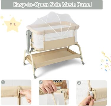 Дитяче ліжко LIFEZEAL з москітною сіткою, дитяче ліжечко-тумбочка з матрацом та колесами, дорожнє ліжечко з 6 регулюваннями висоти, портативна дитяча колиска для малюків 0-6 місяців, колиска з кошиком для зберігання (бежевий)