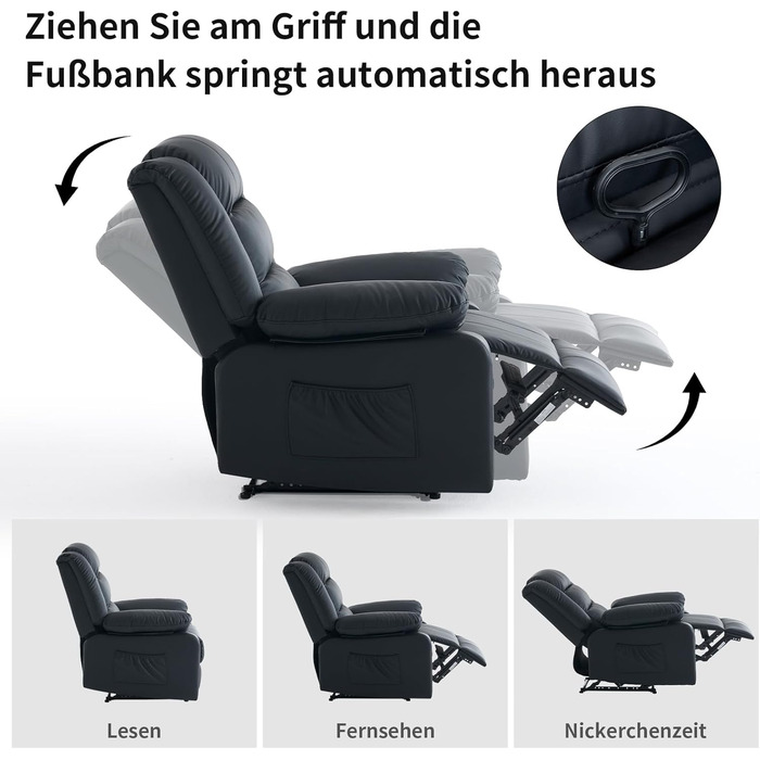 Крісло для телевізора з функцією відкидання спинки, масажне крісло з функцією підігріву, крісло-реклайнер з функцією відкидання спинки, крісло для вітальні, зручне крісло для читання, крісло для відпочинку з ручним керуванням (чорне) Чорне ручне керування