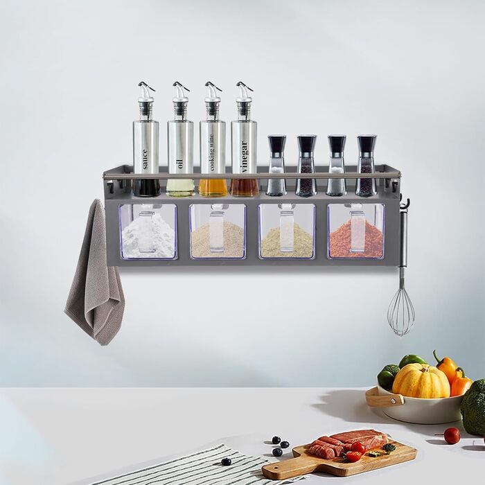 Підвісний органайзер для спецій з 4 знімними підставками для спецій, настінна кухонна підставка для солі, перцю, цукру, спецій (сіра)