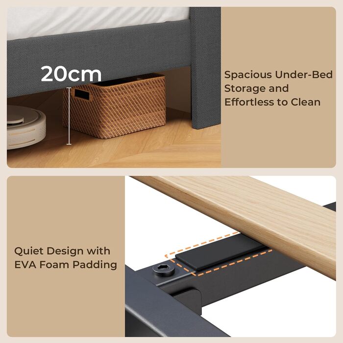 М&39яке ліжко 120x200 см, каркас ліжка з узголів&39ям та рейковою основою, м&39який каркас ліжка, міцне тканинне ліжко для дорослих та підлітків, темно-сірий колір, 120x200 см