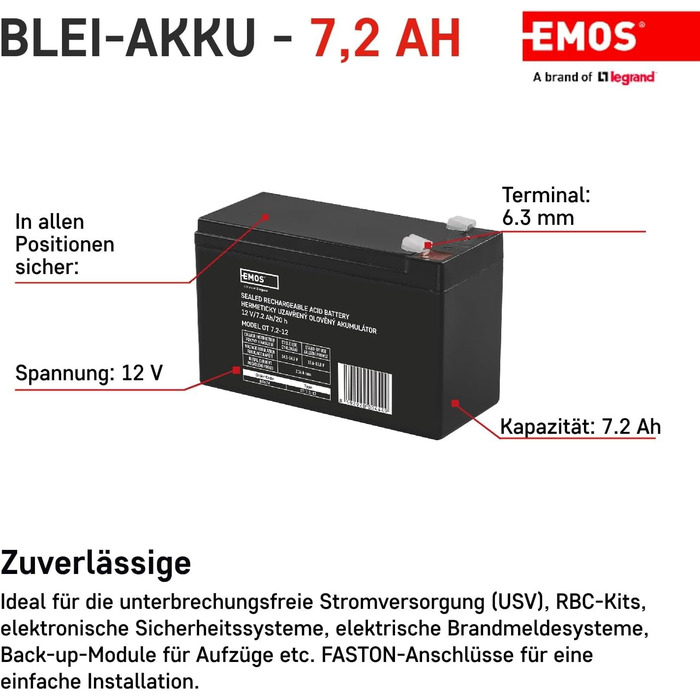 Свинцево-кислотний акумулятор, що не потребує обслуговування - 12 В 7,2 Аг - AGM акумулятор - роз&39єм Faston 6,3 мм - для пристроїв ДБЖ, сигналізації - 151 x 65 x 94 мм чорний 151 x 65 x 94 мм