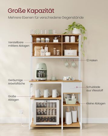 Кухонна полиця VASAGLE з розетками, окремостояча полиця, 40 x 100 x 180,4 см, полиця для випічки, регульовані полиці, шухляда для тканини, 12 гачків, кухня, Золотий дуб-хмарно білий KKS027Y02 40Г x 100Ш см Золотий дуб хмарно білий