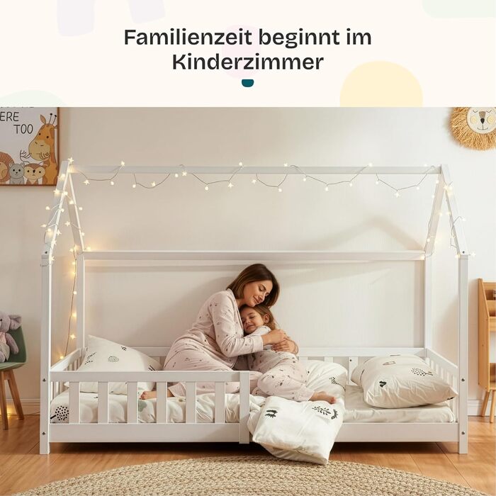 Дитяче ліжко Hesel, домашнє ліжко, біле, 90 x 200 см, із захистом від падіння та рейковою основою, підлогове ліжко Монтессорі, дитяче ліжко, дерев&39яне ліжко