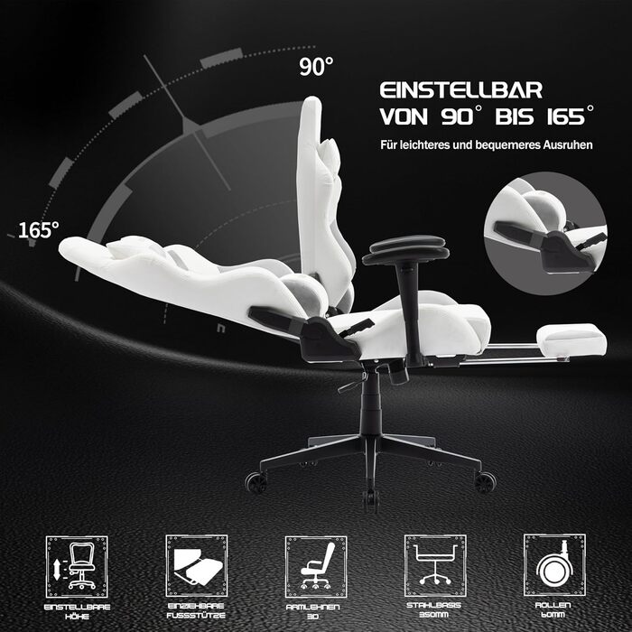 Ігрове крісло, біла шкіра, ігрове крісло з мікрофібри з підставкою для ніг, гоночне ігрове крісло з регульованими підлокітниками, поперекова подушка, підголівник, вантажопідйомність 180 кг, штучна замша - сталеві ніжки, білі