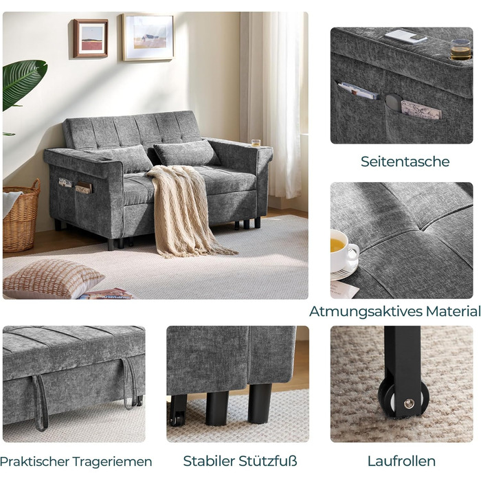 Розкладний диван LINSY HOME 3-в-1, 2-місний диван з функцією сну, розкладний диван-ліжко з шенілу з подушками, бічною кишенею та підставкою для чашок - спальне місце 120 x 190 см сірого кольору 120 x 190 см