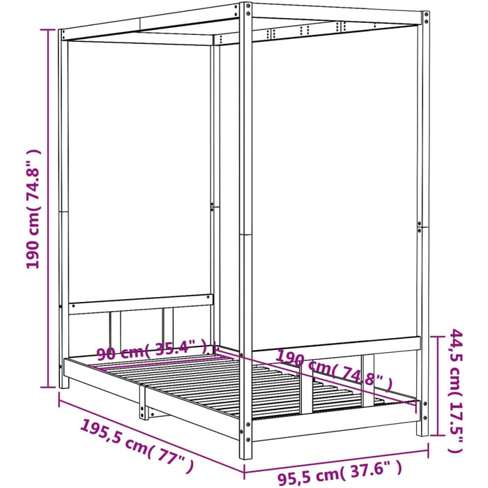 Дитяче ліжко, біле, 90x190 см, масив сосни з каркасом балдахіну та міцними дерев&39яними рейками для стійкості та вентиляції односпальне ліжко з масиву сосни з рустикальним білим покриттям 195,5 x 95,5 x 190 см