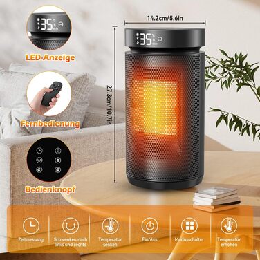 Ефективний, енергозберігаючий вентилятор-обігрівач, керамічний PTC потужністю 1500 Вт, тихий лише 34 дБ З термостатом, 12-годинним таймером та безпечним захистом від перегріву та перекидання - ідеально підходить для спалень з дистанційним керуванням, чорн