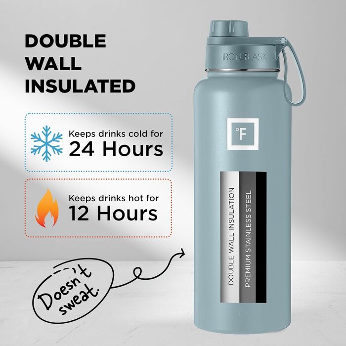 Спортивна пляшка для пиття IRON FLASK, 3 кришки (кришка з широким носиком), герметична, з нержавіючої сталі, для чоловіків, жінок