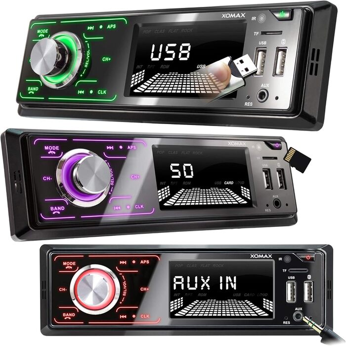 Автомагнітола XOMAX XM-R274 з системою гучного зв'язку Bluetooth, FM, 7 кольорів освітлення, зарядна станція для смартфона через 2-й порт USB, USB, SD, MP3, AUX-IN, 1 DIN