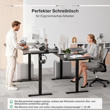 Кутовий стіл, регульований по висоті, L-подібний, 150 x 100 см, електричне регулювання висоти, ергономічний стіл з підставками для чашок та гачками, міцний офісний стіл, чорний, L-подібний, 59