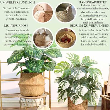 Кошики для зберігання морської трави, круглий кошик для білизни з ручкою, плетений кошик з натуральних матеріалів, кошики для рослин, складний кошик на животі для зберігання ковдр, рослин, іграшок (XXL 38x34 см), 2