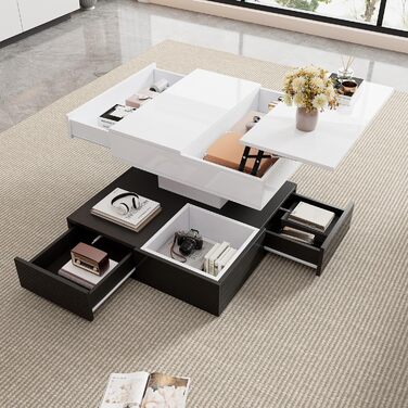 Журнальний столик Merax, що обертається на 360, сучасний журнальний столик, підйомний стіл для вітальні з 3 шухлядами та місцем для зберігання, глянцевий диванний столик, квадратний бічний столик білого та чорного кольорів, 70x70x40 см білого та чорного к