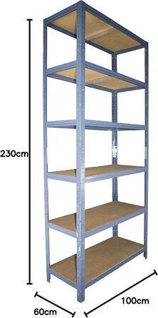 Надміцний стелаж для дому, синій/металевий стелаж з 6 полицями/стелаж для підвалу, стелаж для гаража, стелаж для майстерні або стелаж для зберігання/металевий стелаж без болтів, вантажопідйомність 145 кг, В 230 см / Ш 100 см / Г 60 см, 230x100x60