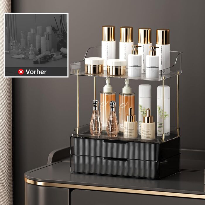 Рівневий органайзер для макіяжу з 2 шухлядами для жінок з великою кількістю речей - Багатоцільовий настільний органайзер для туалетного столика - Великий органайзер для догляду за шкірою чорного кольору. Квадратний - Чорний, 2-