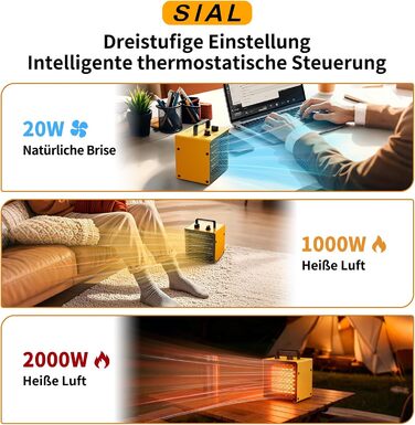 Промисловий портативний вентилятор-обігрівач SIAL 2000 Вт - Електричний обігрівач - Керамічний радіаційний обігрівач - Обігрівач приміщень, будівельний обігрівач - PTC обігрівач із захистом від перегріву - Для офісів, кімнат, ванних кімнат, гаражів - PA2 