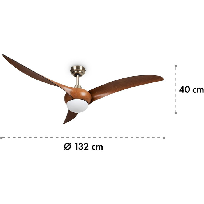 Стельовий вентилятор Klarstein Monteverde, 2-в-1 вентилятор і стельовий світильник, діаметр 52&39 (132 см), 3 пластикові лопаті, потік повітря 8376 м/год, стельовий світильник, таймер, темне дерево