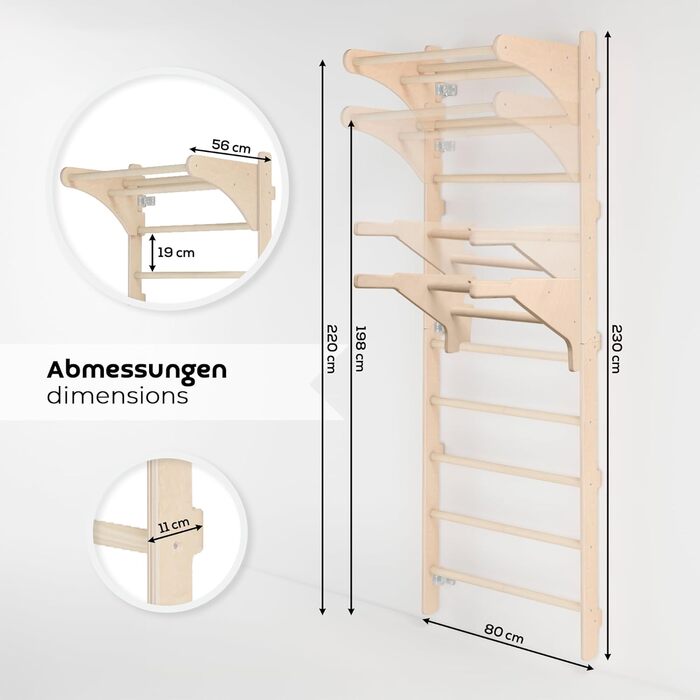 Шведська стінка з турніком для дорослих (230 см), дерев&39яна стінка для скелелазіння, багатофункціональне фітнес-обладнання, драбина для скелелазіння для дорослих та дітей, 100 ЕКО, зроблено в ЄС з кільцями для гімнастики DIP