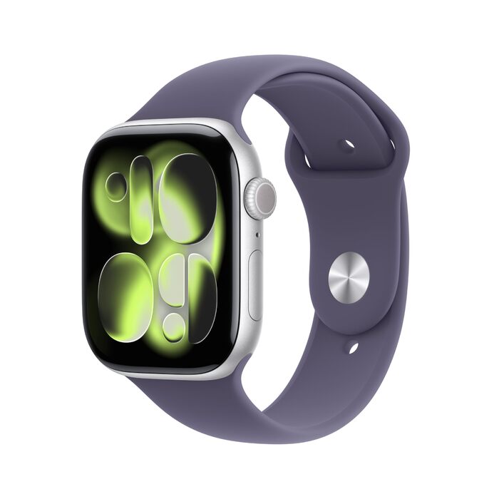 Розумний годинник Apple Watch Series 11 GPS 46 мм зі сріблястим алюмінієвим корпусом та спортивним ремінцем кольору туманно-фіолетового (S/M). Оцінка сну, фітнес-трекер, відстеження здоров&39я, завжди ввімкнений дисплей, водонепроникність. Корпус S/M 46 м