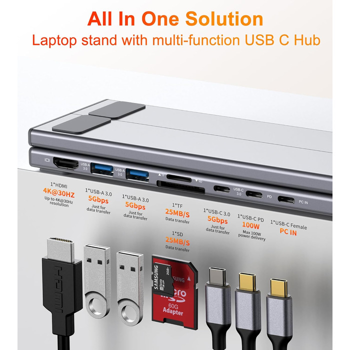 Док-станція USB-C з підставкою для ноутбука/планшета, 8-в-1 HDMI 4K, 2 шт. USB 3.1, PD 100W. Універсальна док-станція для MacBook Pro/Air, Dell, HP, Surface, Lenovo просто підключи та працюй