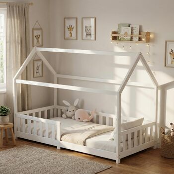 Дитяче ліжко ecomi 80x160 Ліжко на підлозі Дитяче ліжко-ліжко-будиночок із захистом від падіння та рейковою основою для дітей Дитячі ліжка для дівчаток та хлопчиків Масив сосни білого кольору 80x160 Білий