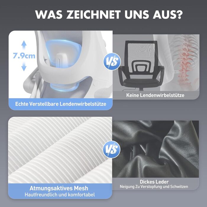 Офісне крісло COLAMY Mesh, комп&39ютерне крісло з регульованим підголівником та поперековою опорою, ергономічне робоче крісло з відкидними підлокітниками, функція нахилу 140, білий класичний колір