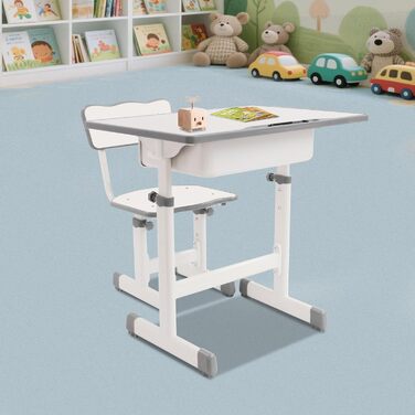 Дитячий письмовий набір, дитячий стіл з регульованою висотою (стіл 64-76 см, стілець 36-42 см), стіл з гачками, шухлядою та лотком для ручок для дітей віком 3-18 років, навчання письму та малюванню (кремово-білий)