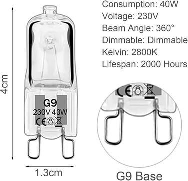 Упаковка з 10 галогенних ламп G9, галогенних ламп G9 40W 230V 2800K з регулюванням яскравості галогенних ламп G9 для духових ламп, стельових світильників, люстр клас енергоспоживання F
